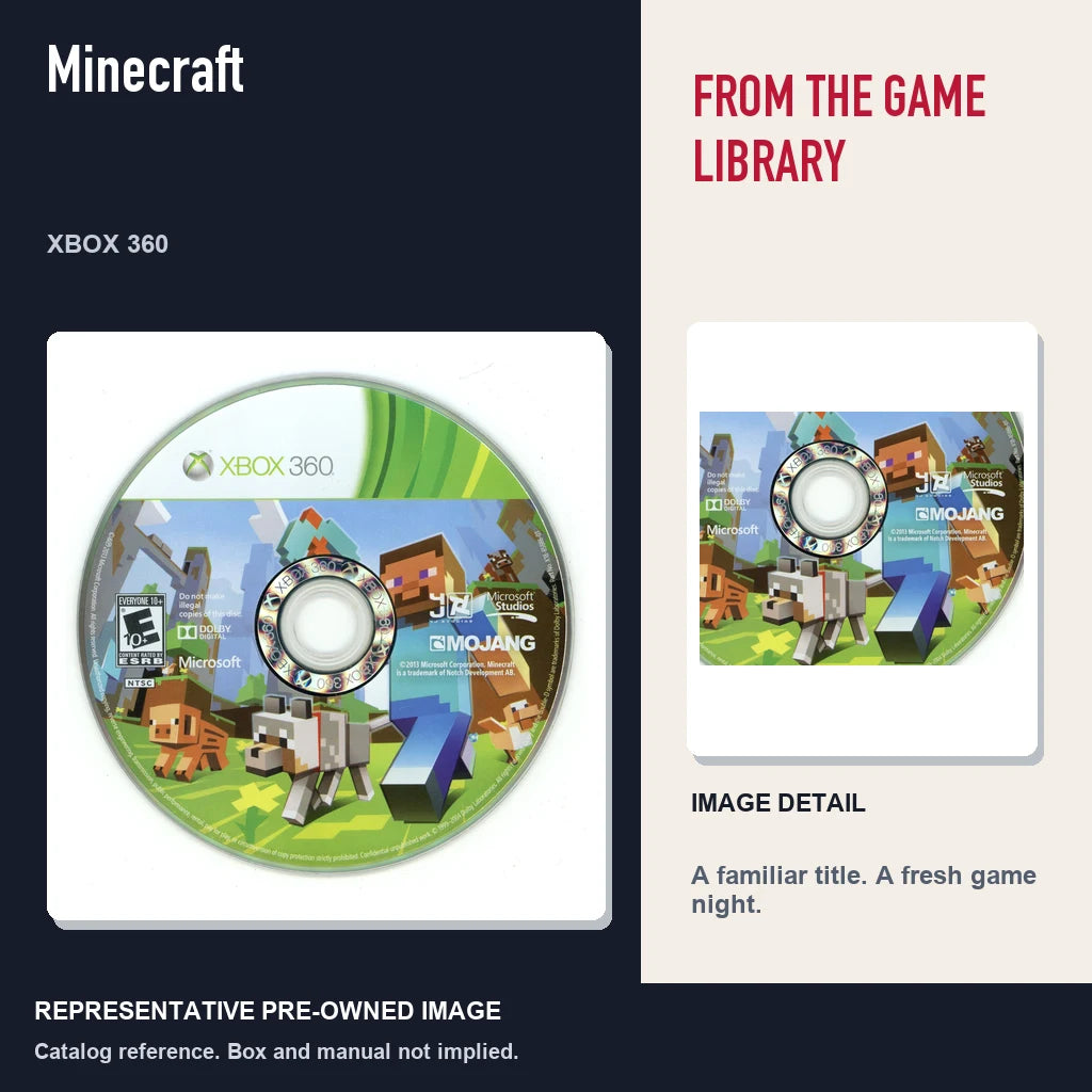 Representative pre-owned Minecraft (Xbox 360), editorial image and detail.