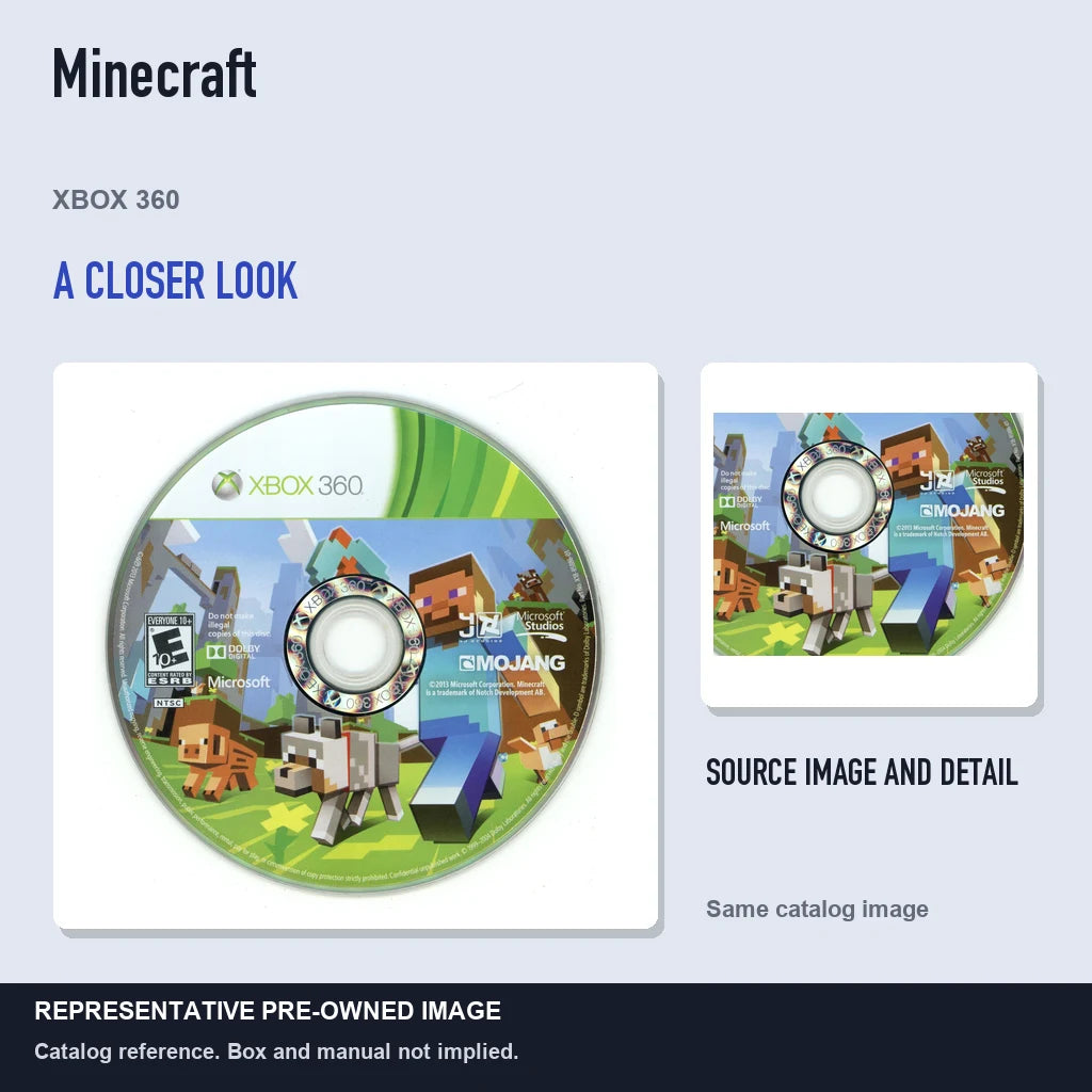 Representative pre-owned Minecraft (Xbox 360), full image with detail inset.