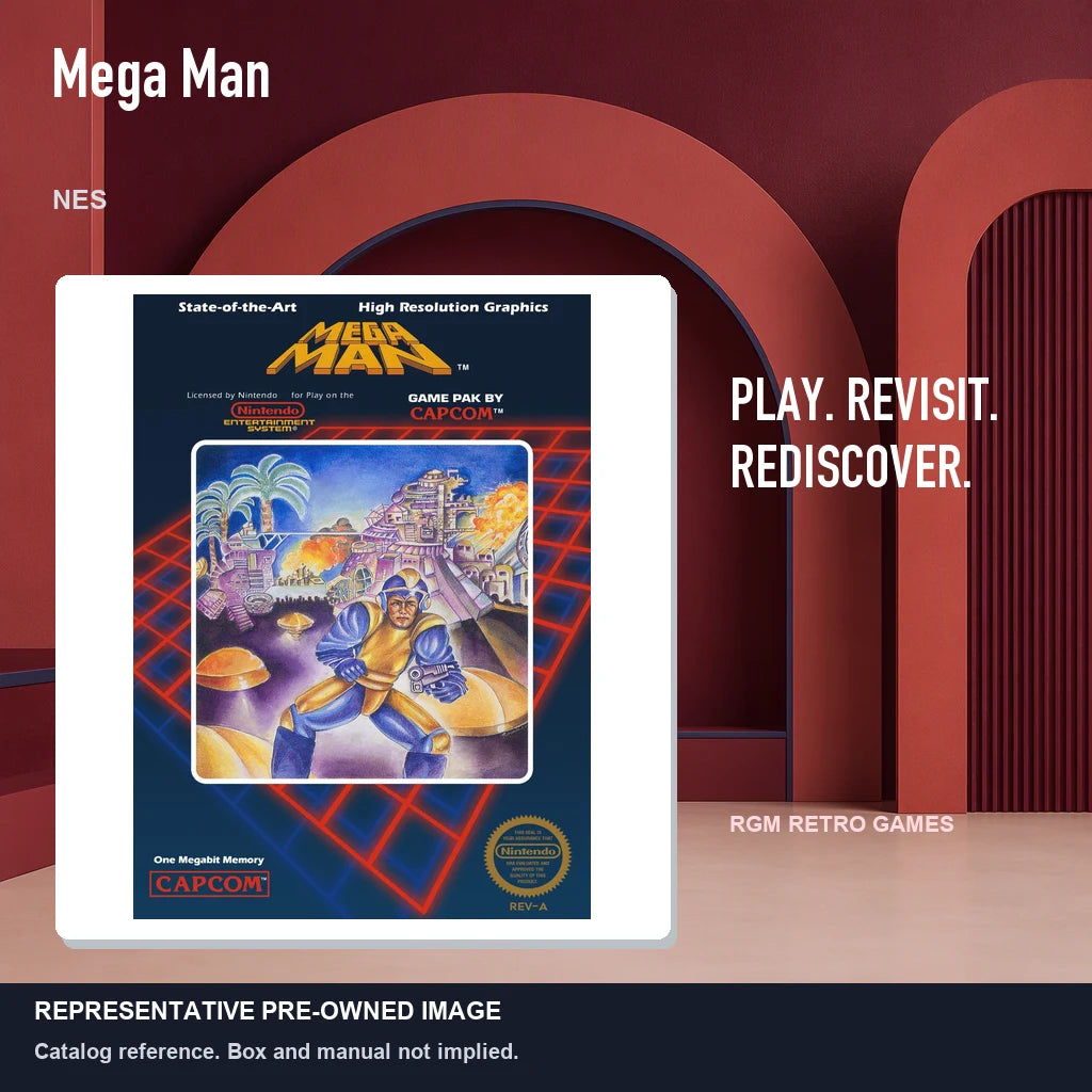 Representative pre-owned Mega Man (NES), red retro product layout.