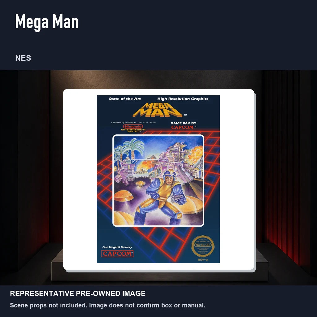Representative pre-owned Mega Man (NES), product image on a display panel.