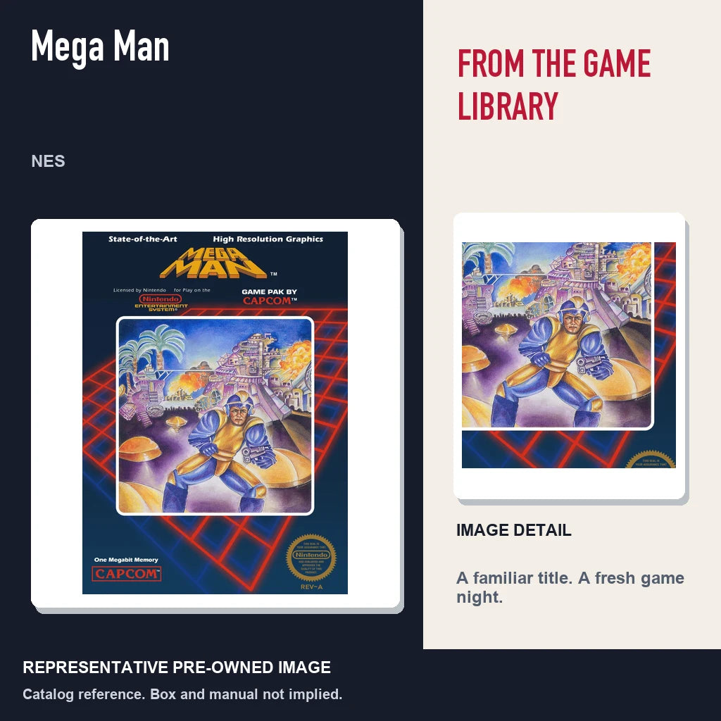 Representative pre-owned Mega Man (NES), editorial image and detail.