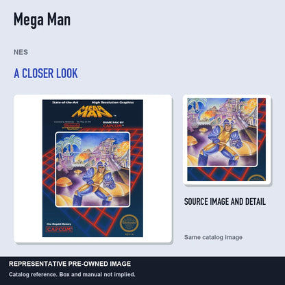 Representative pre-owned Mega Man (NES), full image with detail inset.