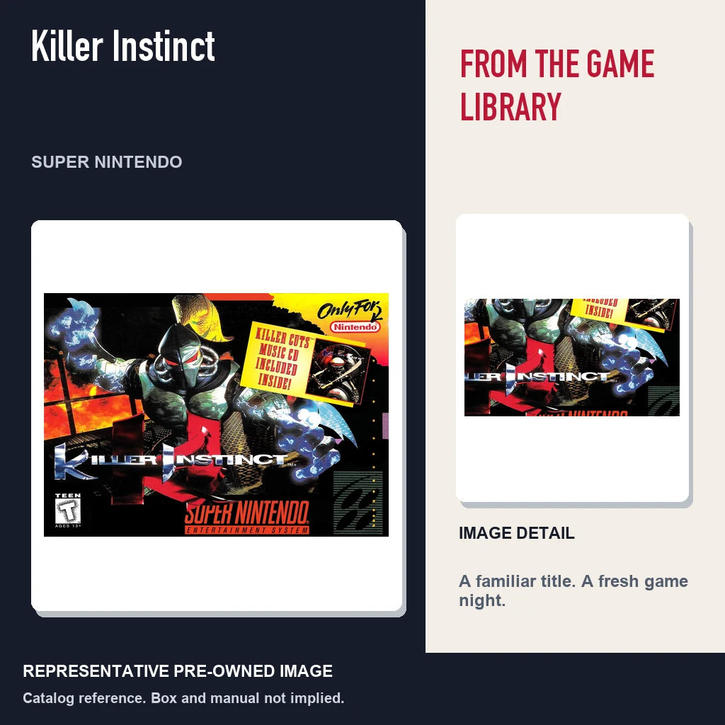 Representative pre-owned Killer Instinct (Super Nintendo), editorial image and detail.