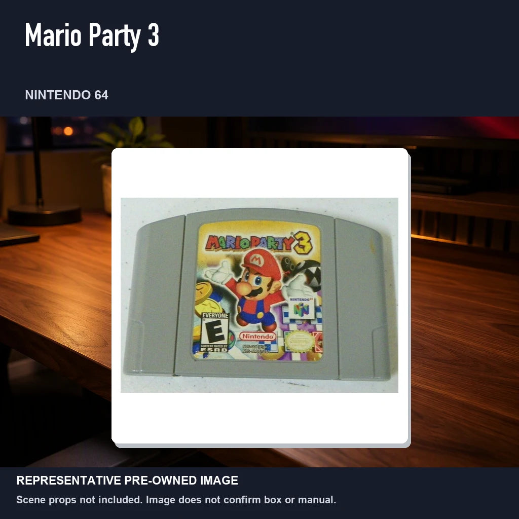 Representative pre-owned Mario Party 3 (Nintendo 64), product image in a styled desk scene.