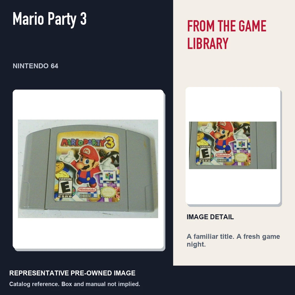 Representative pre-owned Mario Party 3 (Nintendo 64), editorial image and detail.