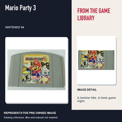 Representative pre-owned Mario Party 3 (Nintendo 64), editorial image and detail.