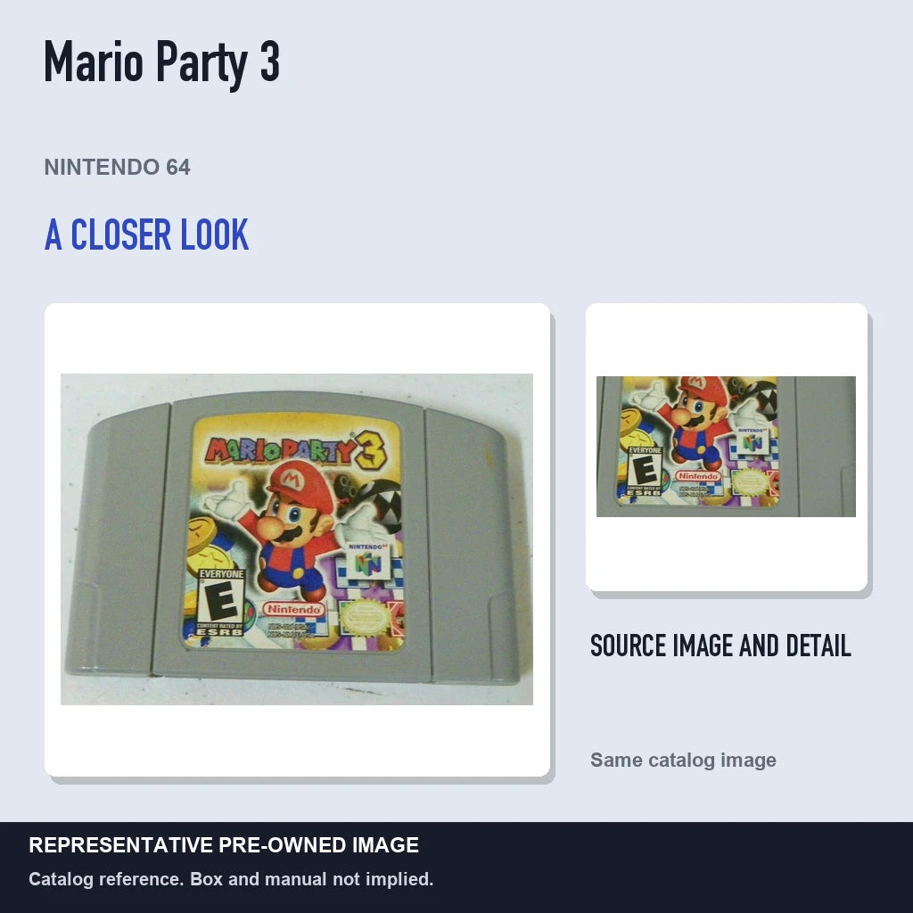 Representative pre-owned Mario Party 3 (Nintendo 64), full image with detail inset.