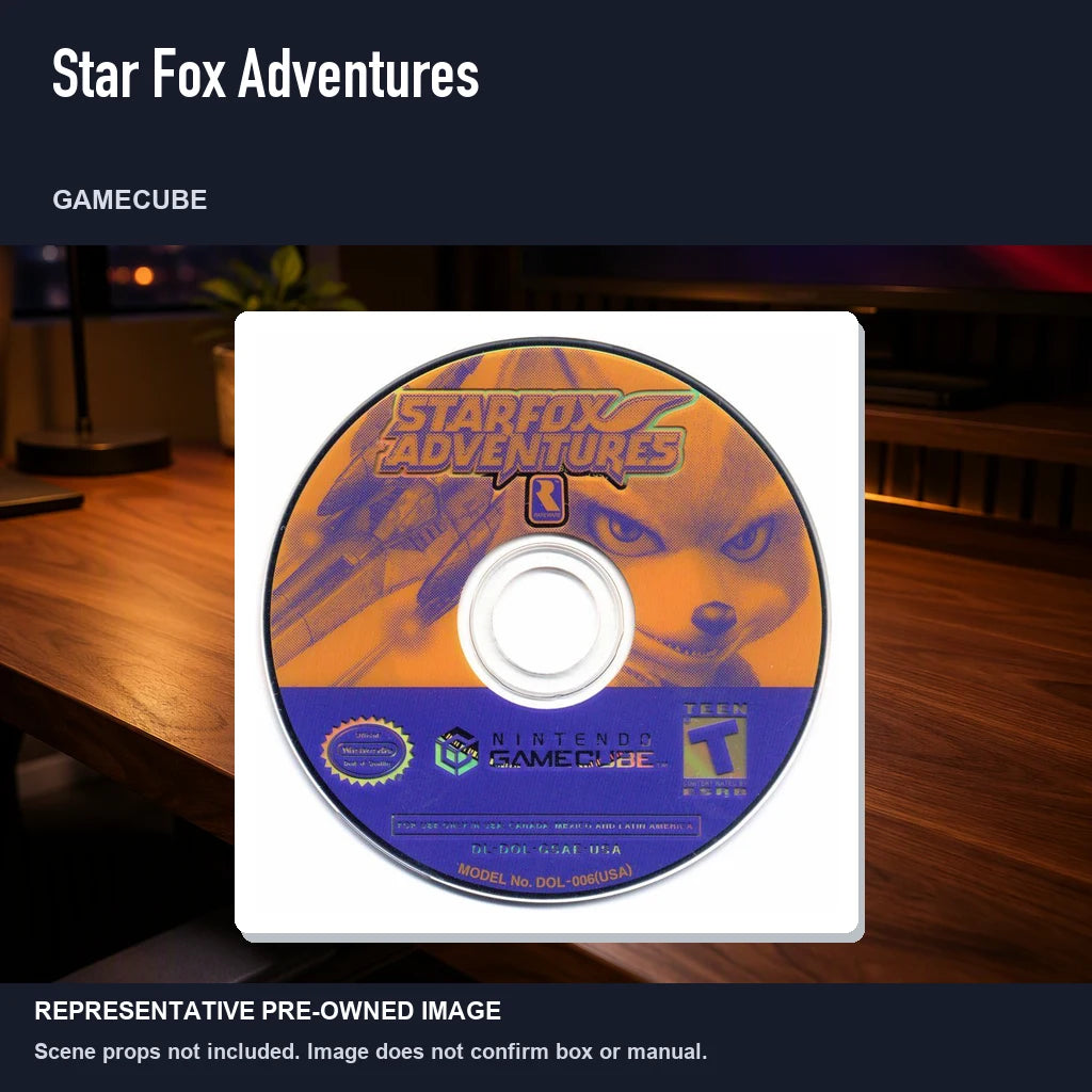 Representative pre-owned Star Fox Adventures (GameCube), product image in a styled desk scene.