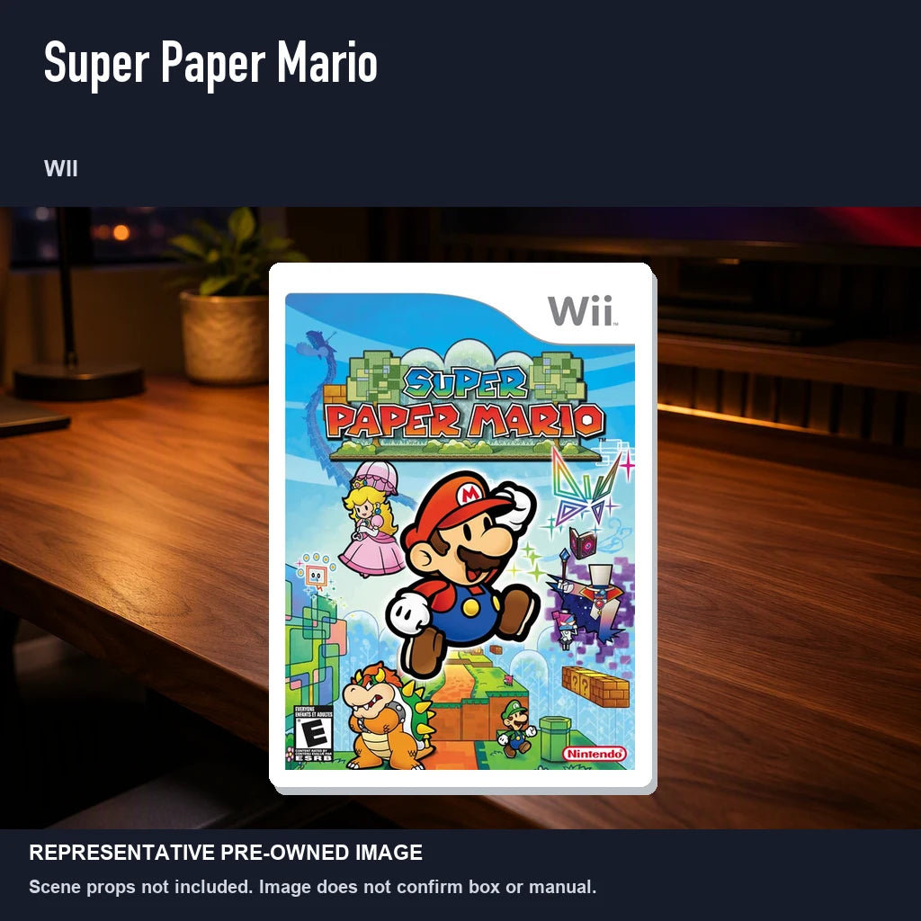 Representative pre-owned Super Paper Mario (Wii), product image in a styled desk scene.