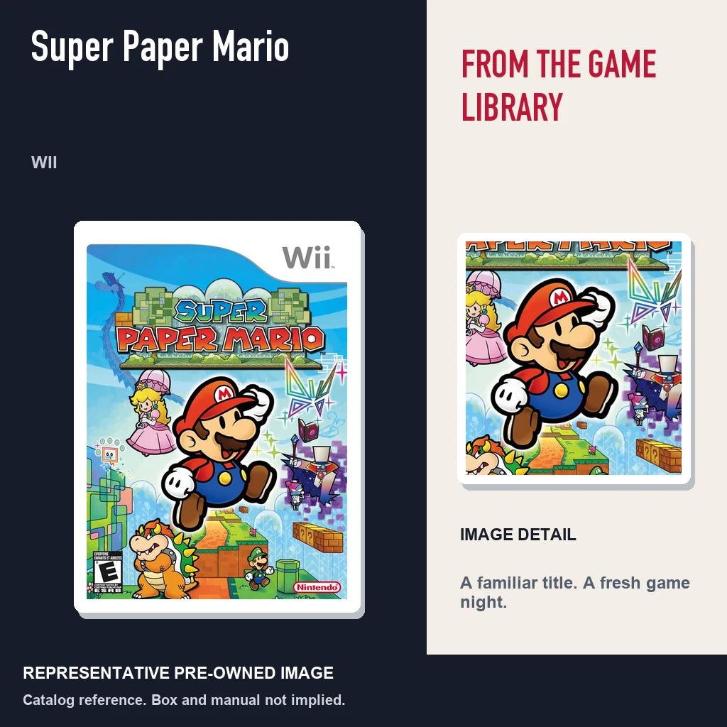 Representative pre-owned Super Paper Mario (Wii), editorial image and detail.