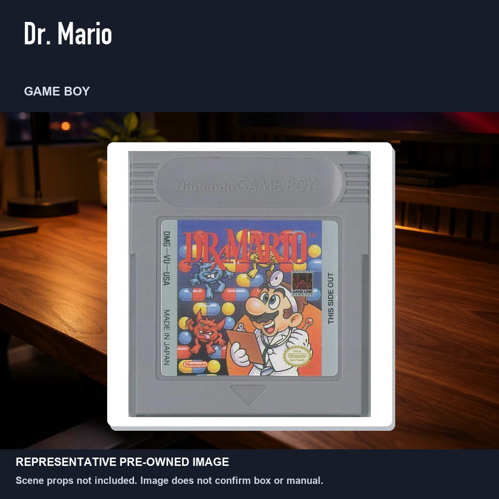 Representative pre-owned Dr. Mario (Game Boy), product image in a styled desk scene.