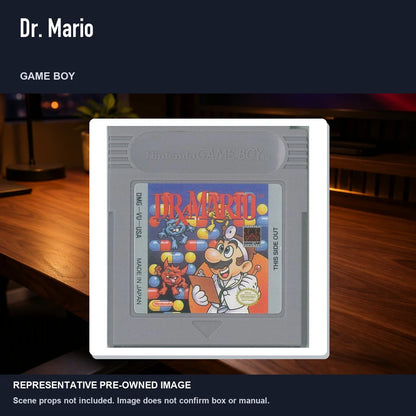 Representative pre-owned Dr. Mario (Game Boy), product image in a styled desk scene.