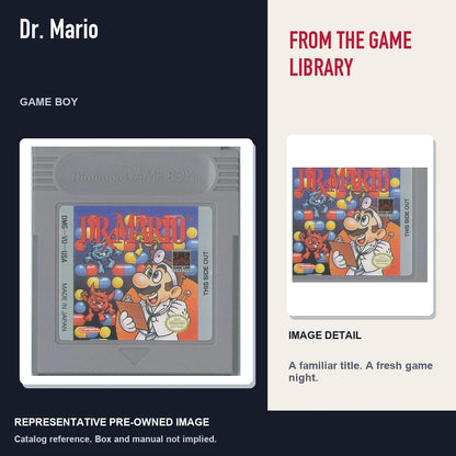 Representative pre-owned Dr. Mario (Game Boy), editorial image and detail.
