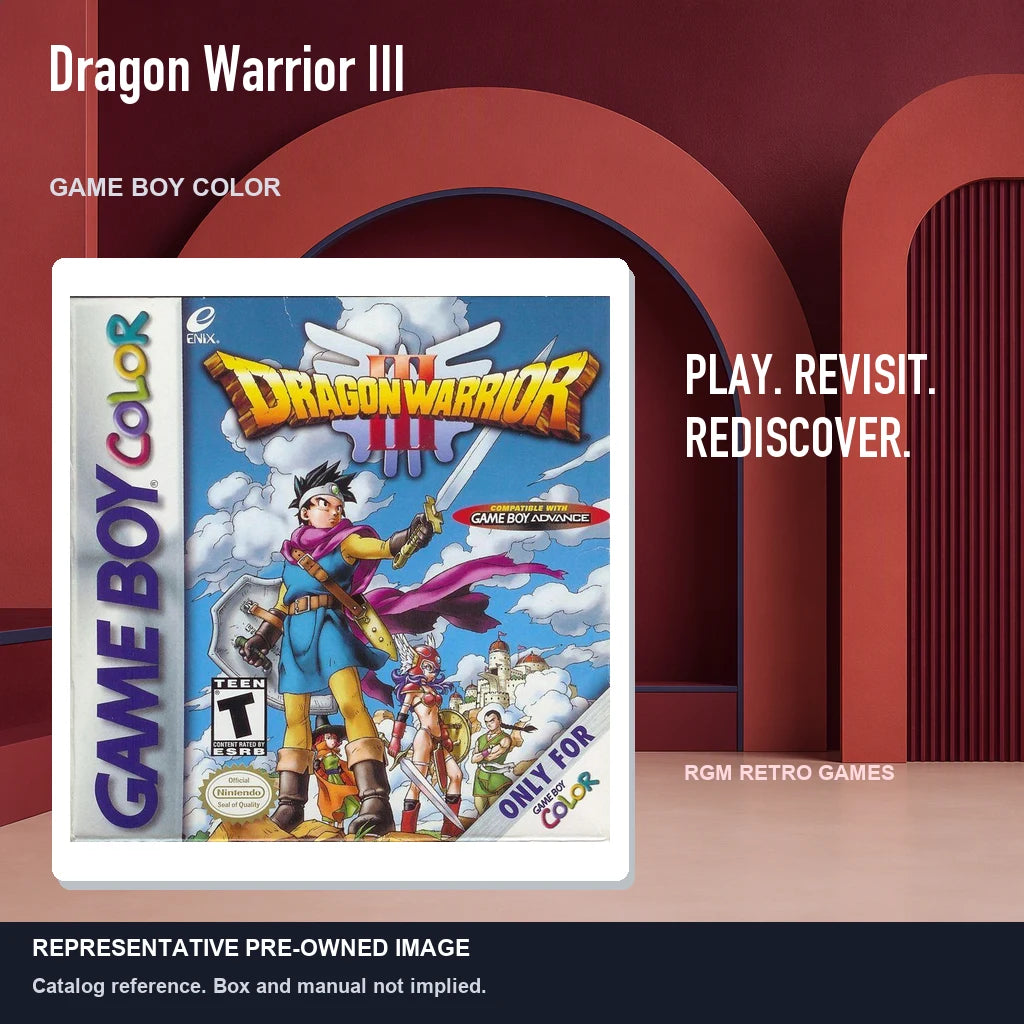 Representative pre-owned Dragon Warrior III (Game Boy Color), red retro product layout.