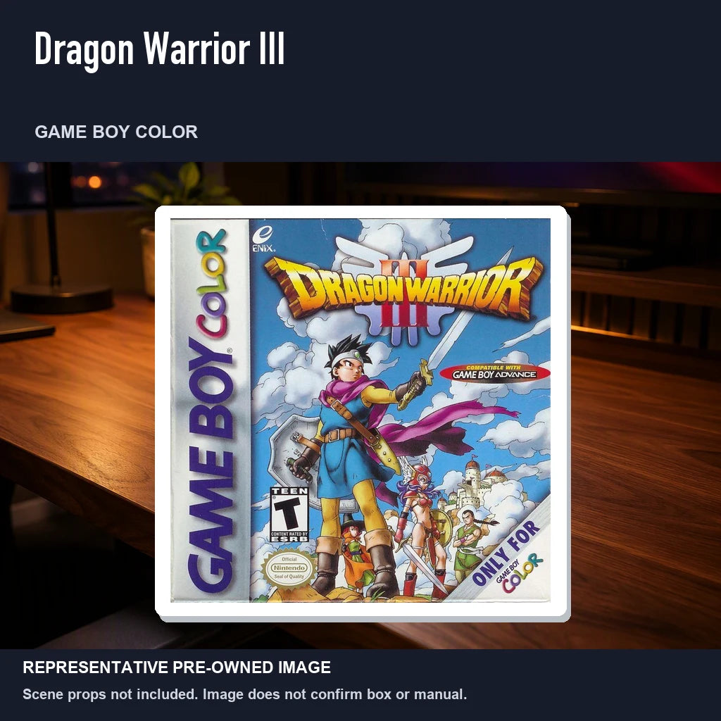 Representative pre-owned Dragon Warrior III (Game Boy Color), product image in a styled desk scene.