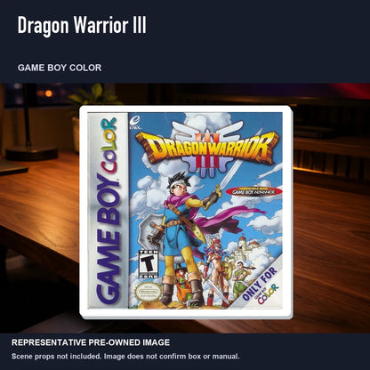 Representative pre-owned Dragon Warrior III (Game Boy Color), product image in a styled desk scene.