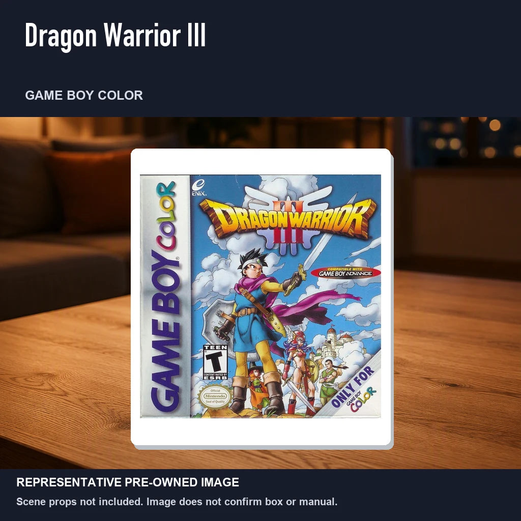 Representative pre-owned Dragon Warrior III (Game Boy Color), product image in a styled room scene.