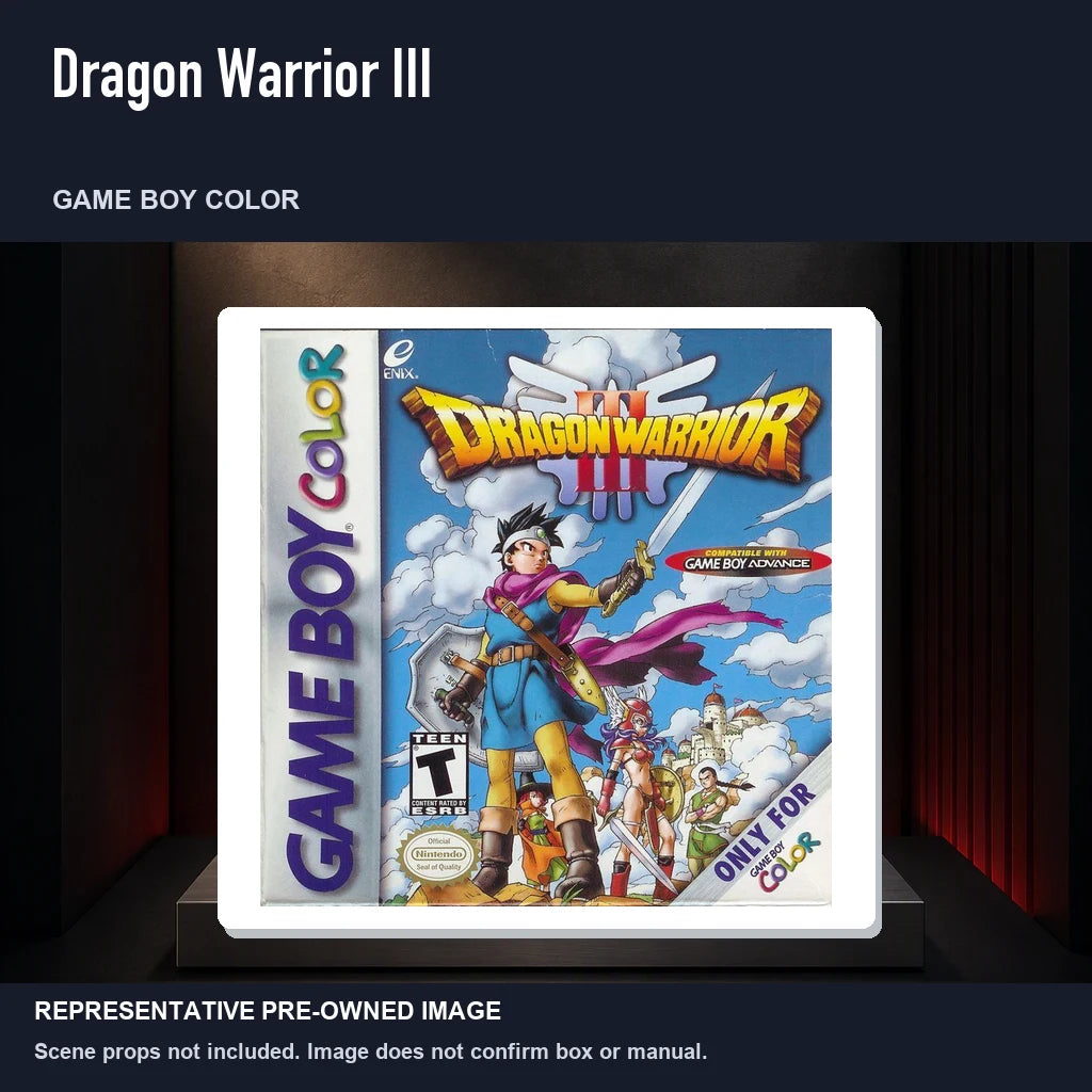 Representative pre-owned Dragon Warrior III (Game Boy Color), product image on a display panel.