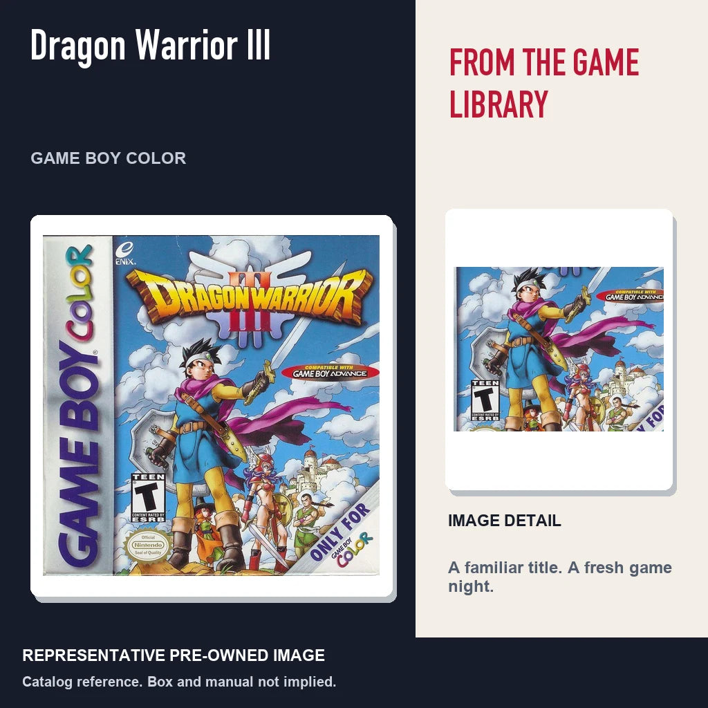 Representative pre-owned Dragon Warrior III (Game Boy Color), editorial image and detail.