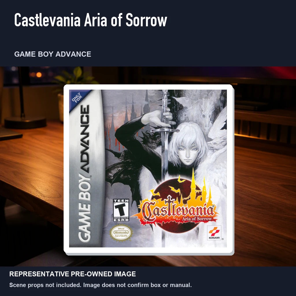 Representative pre-owned Castlevania Aria of Sorrow (Game Boy Advance), product image in a styled desk scene.