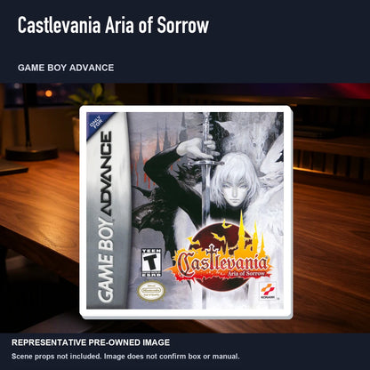 Representative pre-owned Castlevania Aria of Sorrow (Game Boy Advance), product image in a styled desk scene.