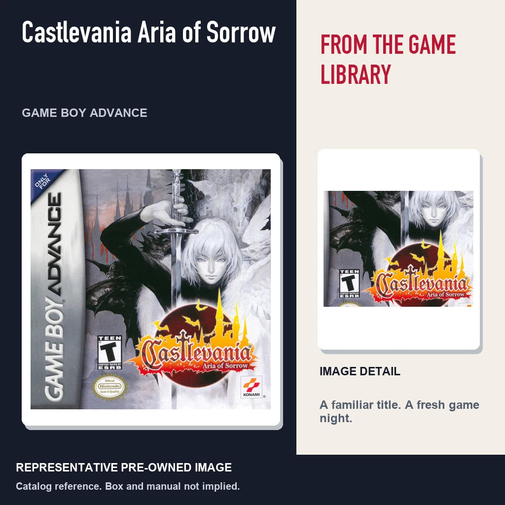 Representative pre-owned Castlevania Aria of Sorrow (Game Boy Advance), editorial image and detail.