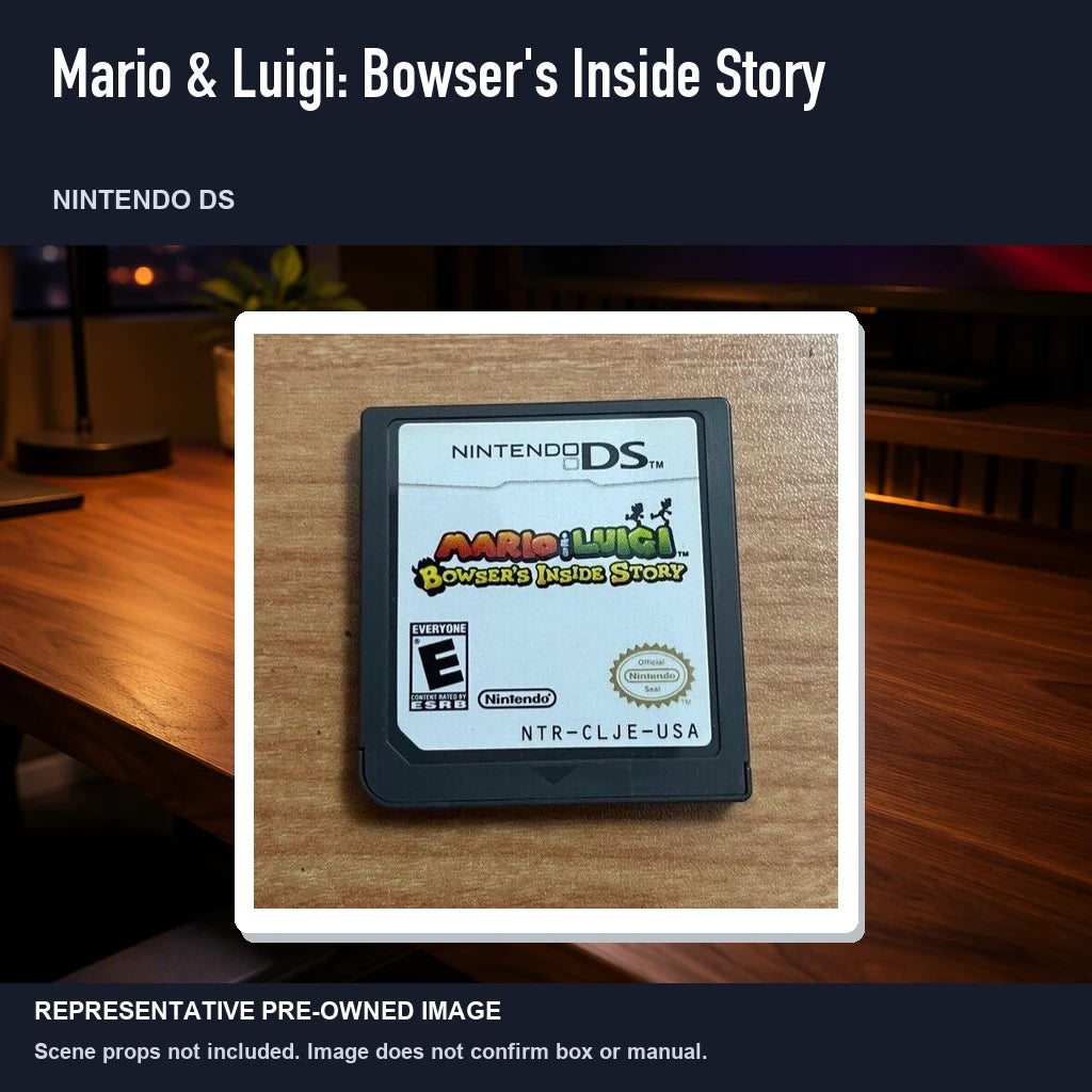 Representative pre-owned Mario & Luigi: Bowser's Inside Story (Nintendo DS), product image in a styled desk scene.