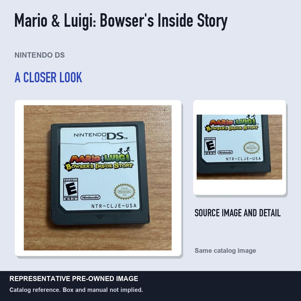 Representative pre-owned Mario & Luigi: Bowser's Inside Story (Nintendo DS), full image with detail inset.