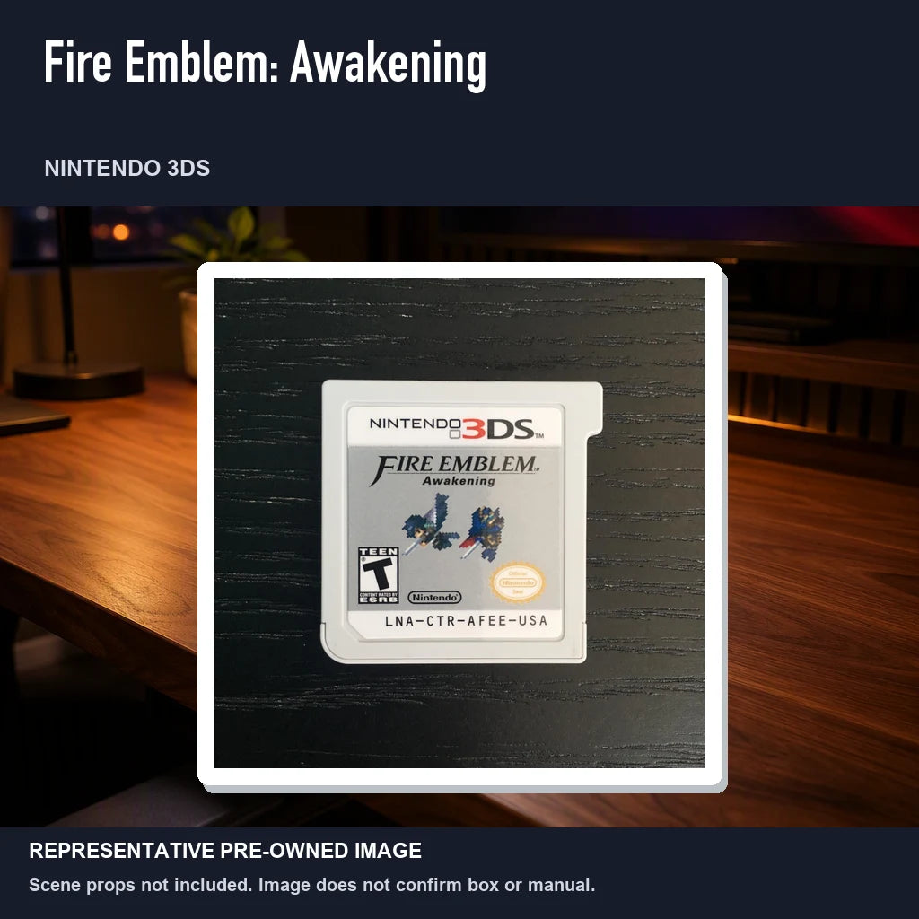 Representative pre-owned Fire Emblem: Awakening (Nintendo 3DS), product image in a styled desk scene.