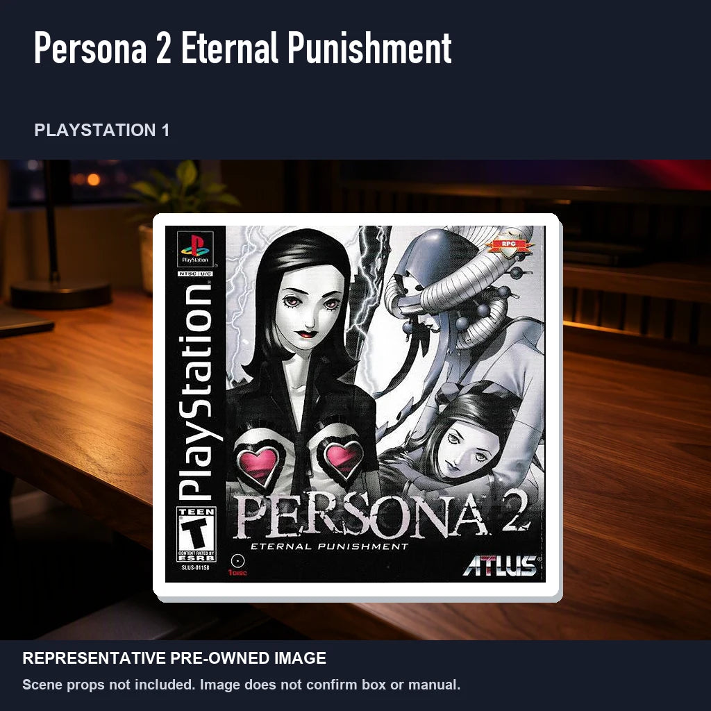 Representative pre-owned Persona 2 Eternal Punishment (PlayStation 1), product image in a styled desk scene.