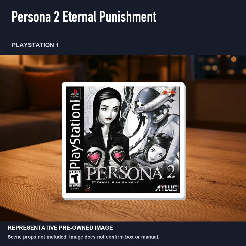 Representative pre-owned Persona 2 Eternal Punishment (PlayStation 1), product image in a styled room scene.