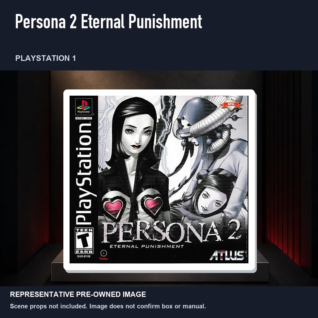 Representative pre-owned Persona 2 Eternal Punishment (PlayStation 1), product image on a display panel.