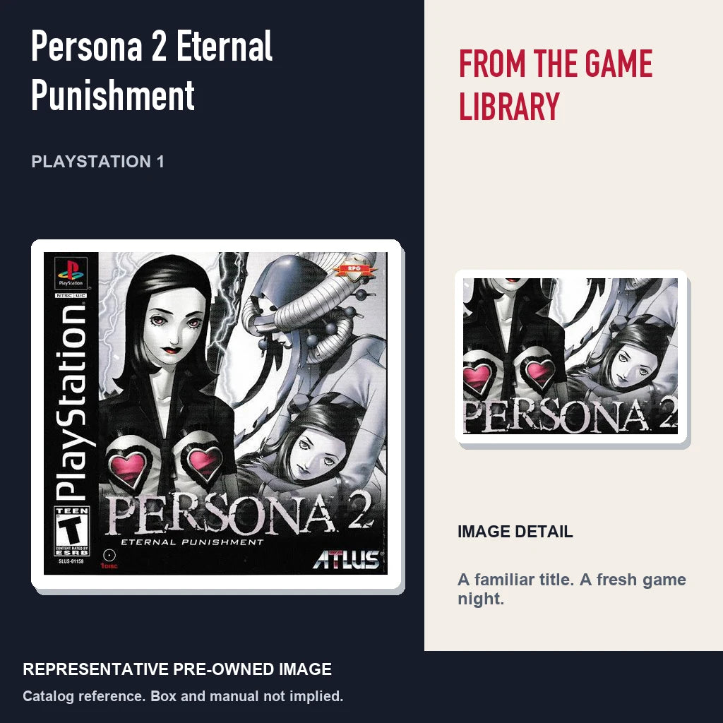 Representative pre-owned Persona 2 Eternal Punishment (PlayStation 1), editorial image and detail.