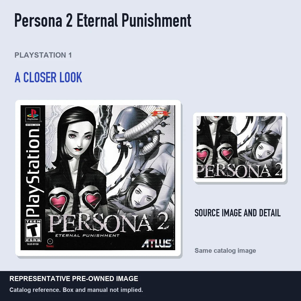 Representative pre-owned Persona 2 Eternal Punishment (PlayStation 1), full image with detail inset.