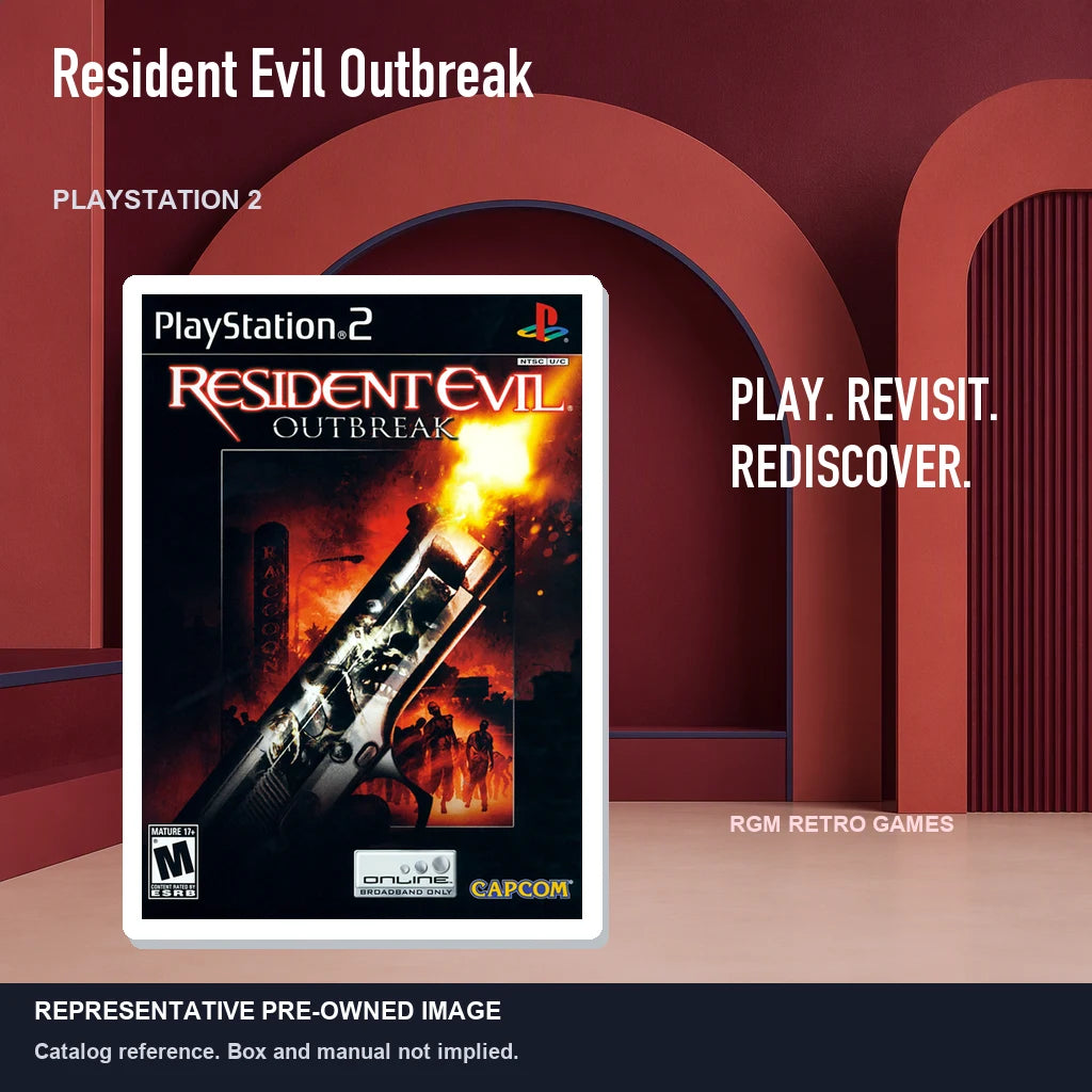 Representative pre-owned Resident Evil Outbreak (PlayStation 2), red retro product layout.