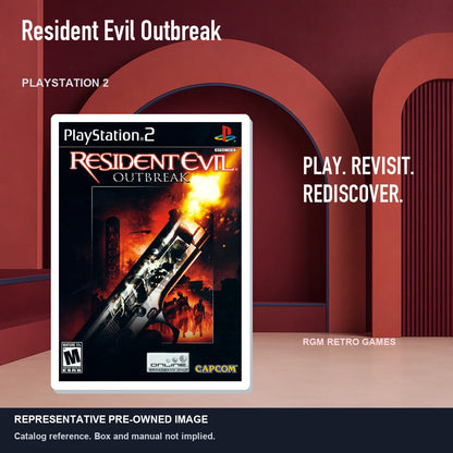 Representative pre-owned Resident Evil Outbreak (PlayStation 2), red retro product layout.