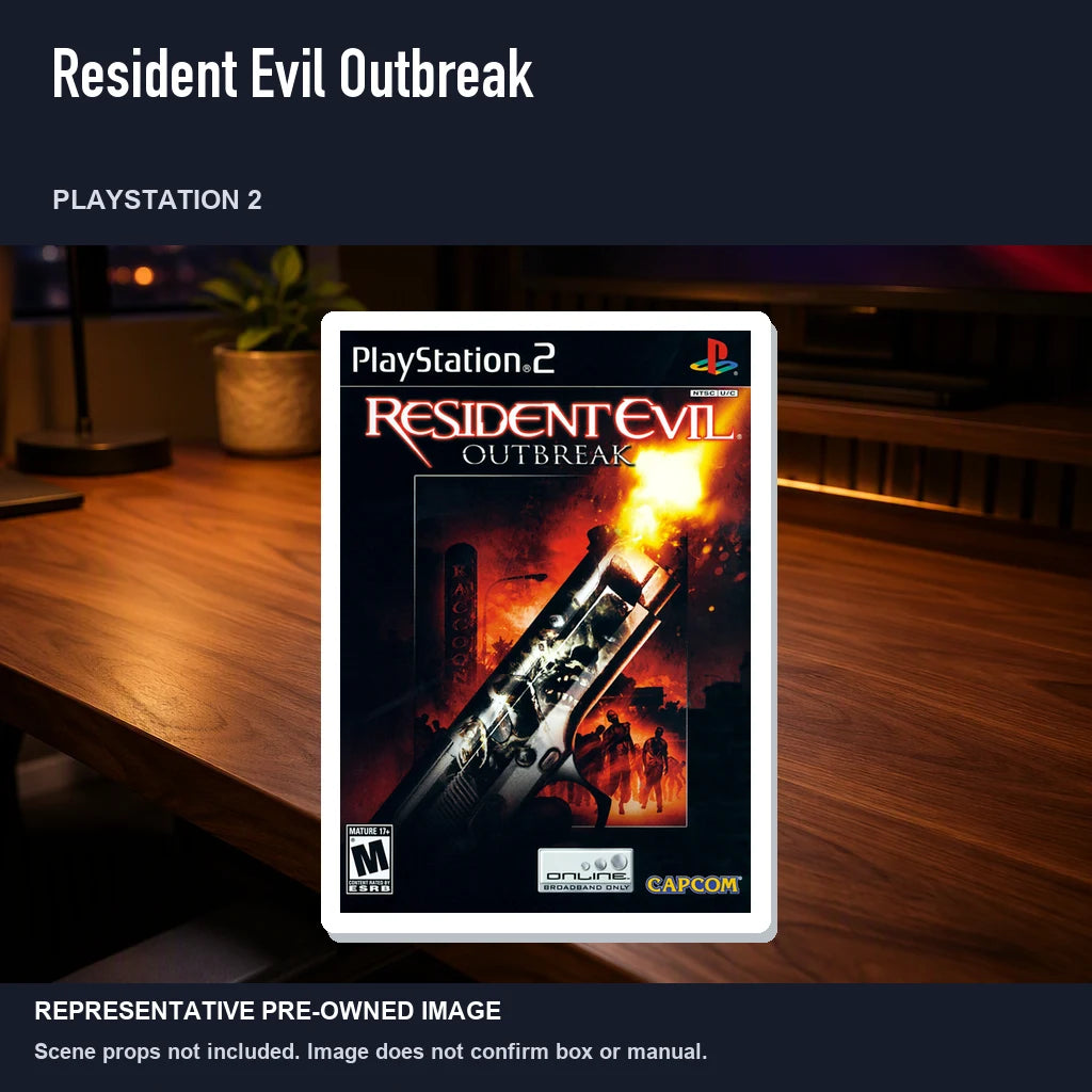 Representative pre-owned Resident Evil Outbreak (PlayStation 2), product image in a styled desk scene.
