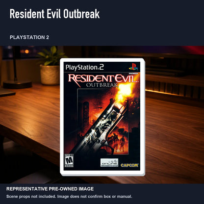 Representative pre-owned Resident Evil Outbreak (PlayStation 2), product image in a styled desk scene.