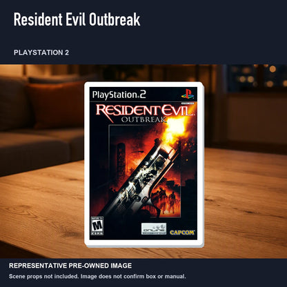 Representative pre-owned Resident Evil Outbreak (PlayStation 2), product image in a styled room scene.