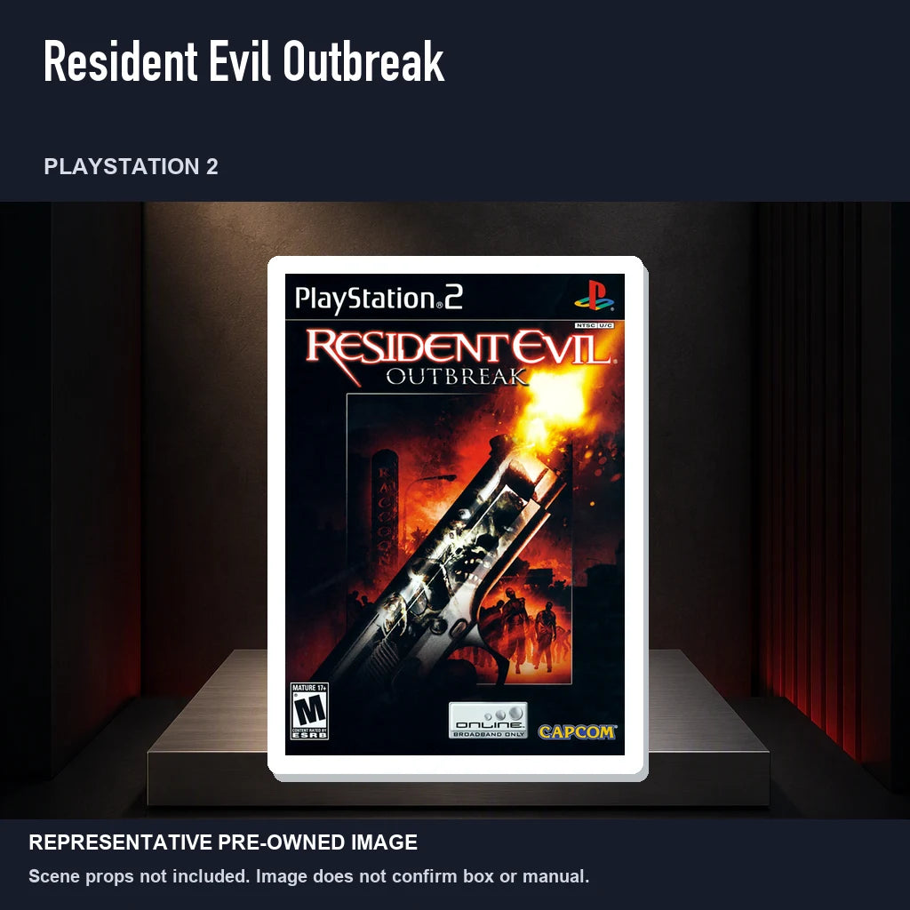 Representative pre-owned Resident Evil Outbreak (PlayStation 2), product image on a display panel.