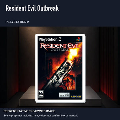 Representative pre-owned Resident Evil Outbreak (PlayStation 2), product image on a display panel.