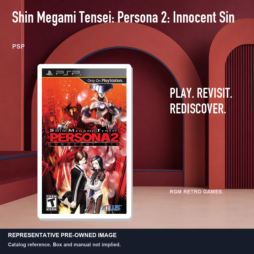 Representative pre-owned Shin Megami Tensei: Persona 2: Innocent Sin (PSP), red retro product layout.