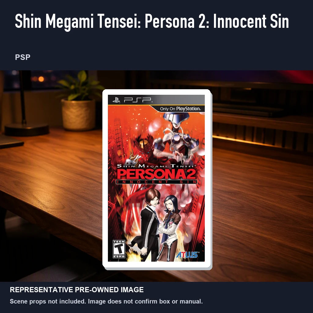 Representative pre-owned Shin Megami Tensei: Persona 2: Innocent Sin (PSP), product image in a styled desk scene.