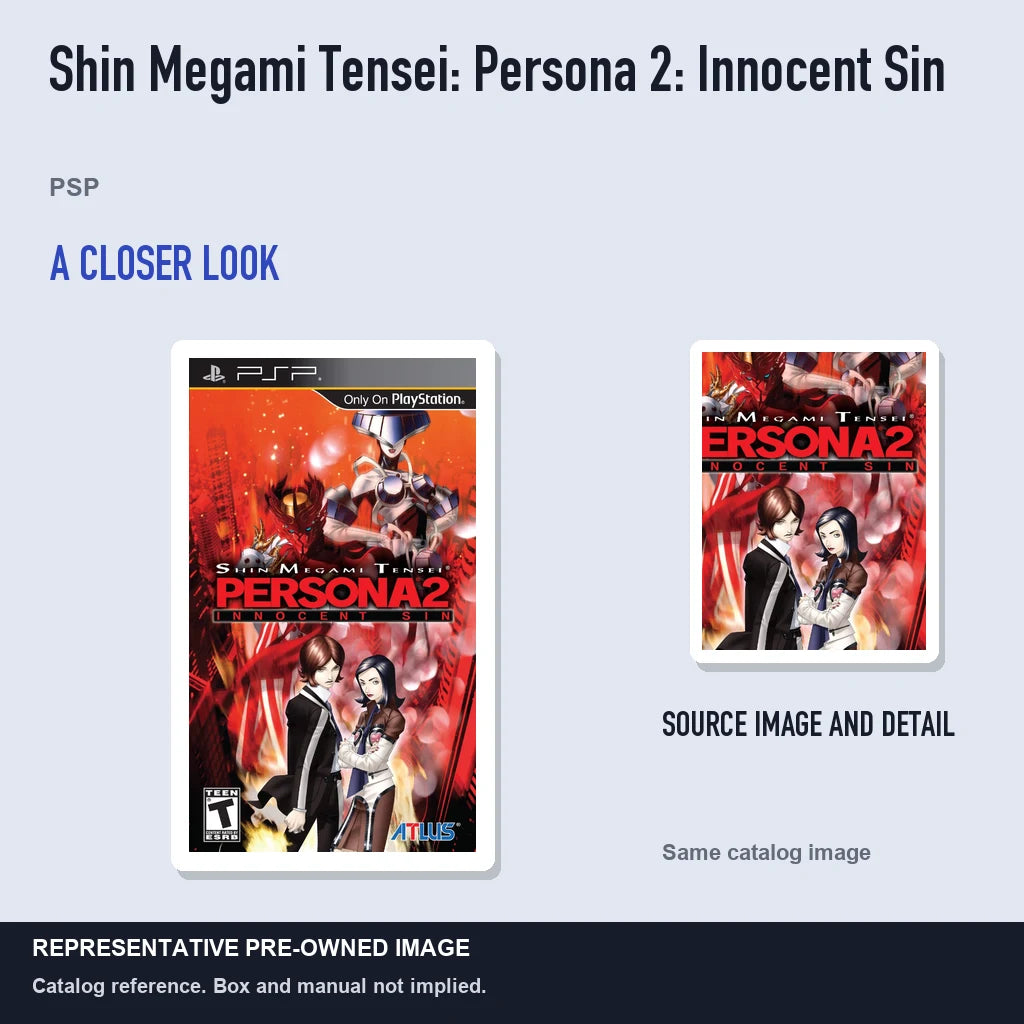 Representative pre-owned Shin Megami Tensei: Persona 2: Innocent Sin (PSP), full image with detail inset.