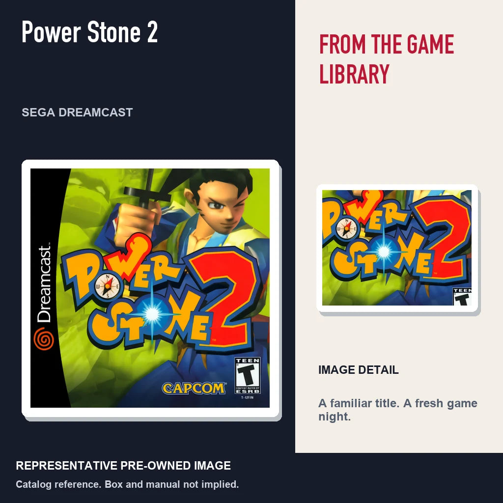 Representative pre-owned Power Stone 2 (Sega Dreamcast), editorial image and detail.