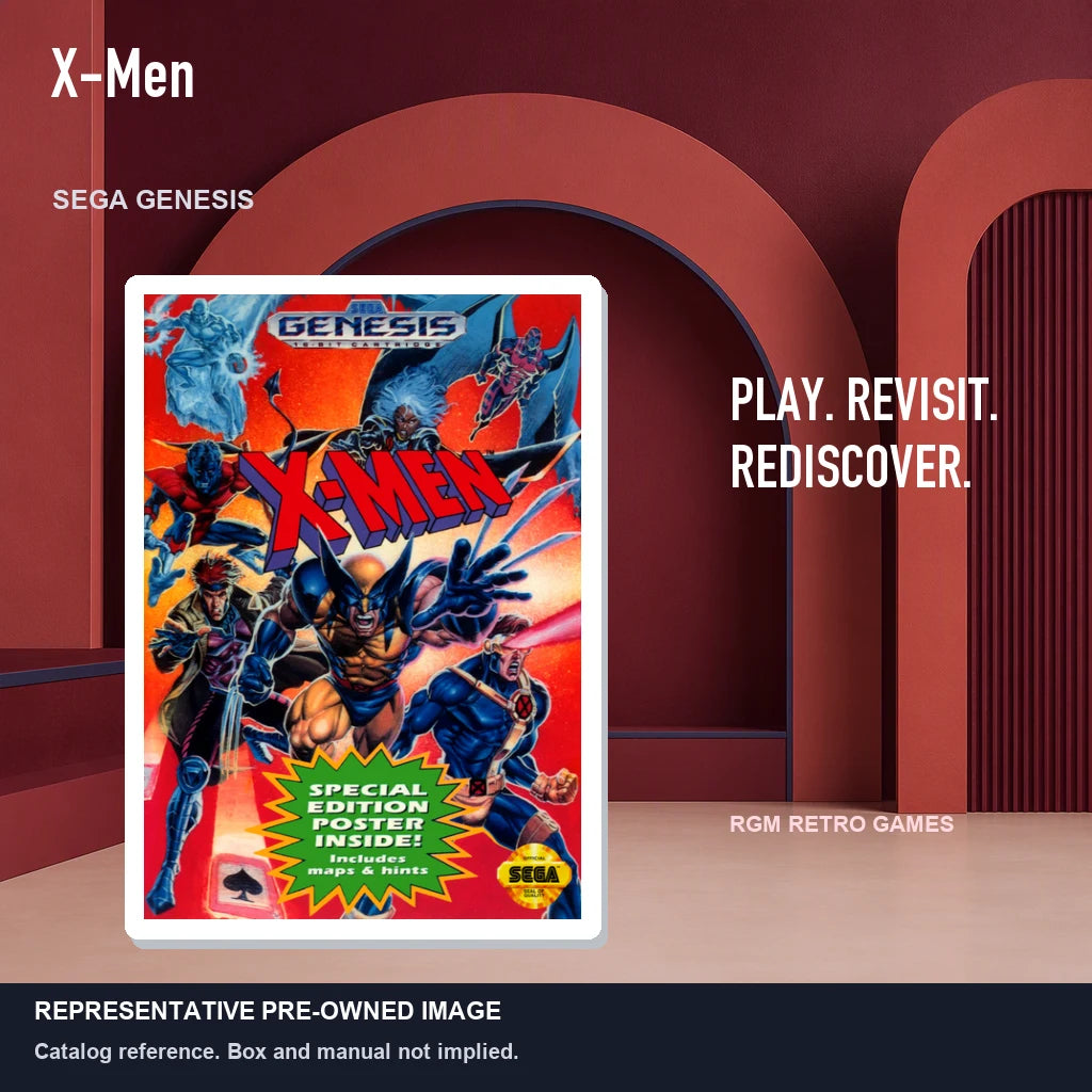 Representative pre-owned X-Men (Sega Genesis), red retro product layout.