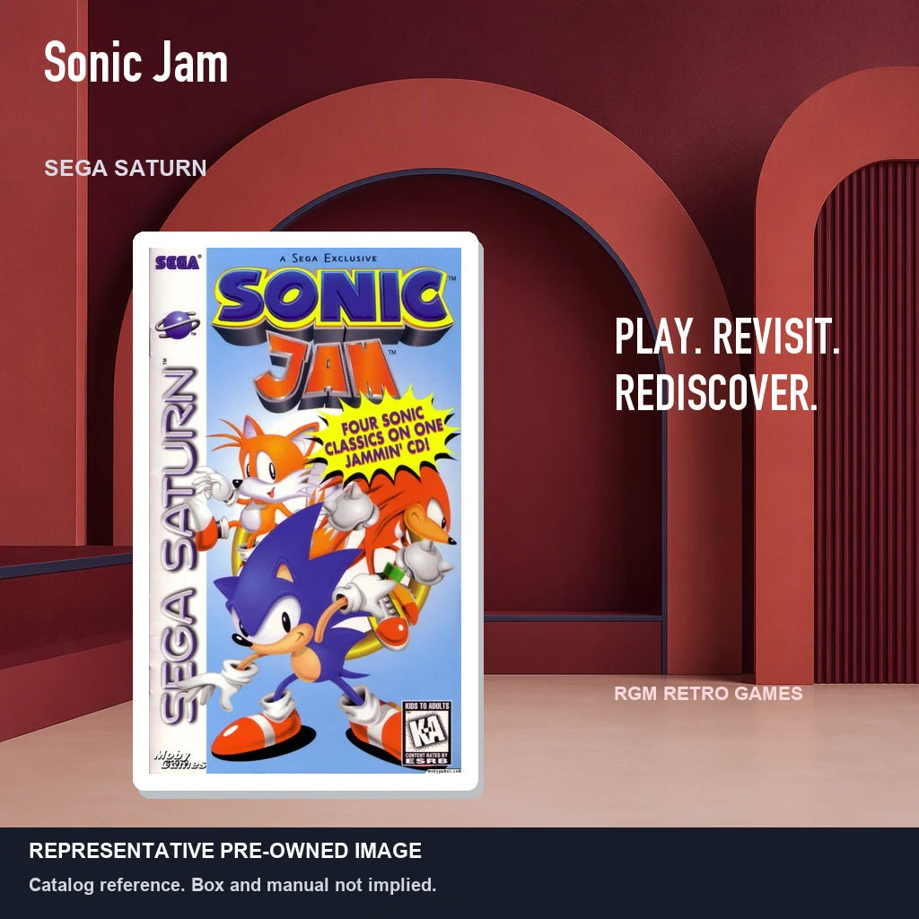 Representative pre-owned Sonic Jam (Sega Saturn), red retro product layout.