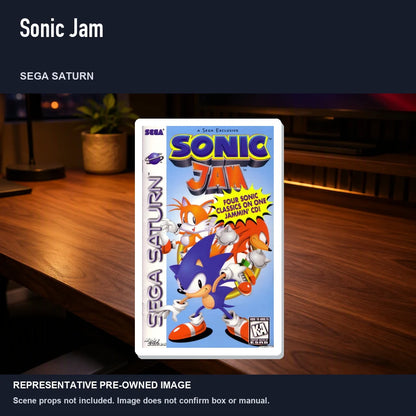 Representative pre-owned Sonic Jam (Sega Saturn), product image in a styled desk scene.