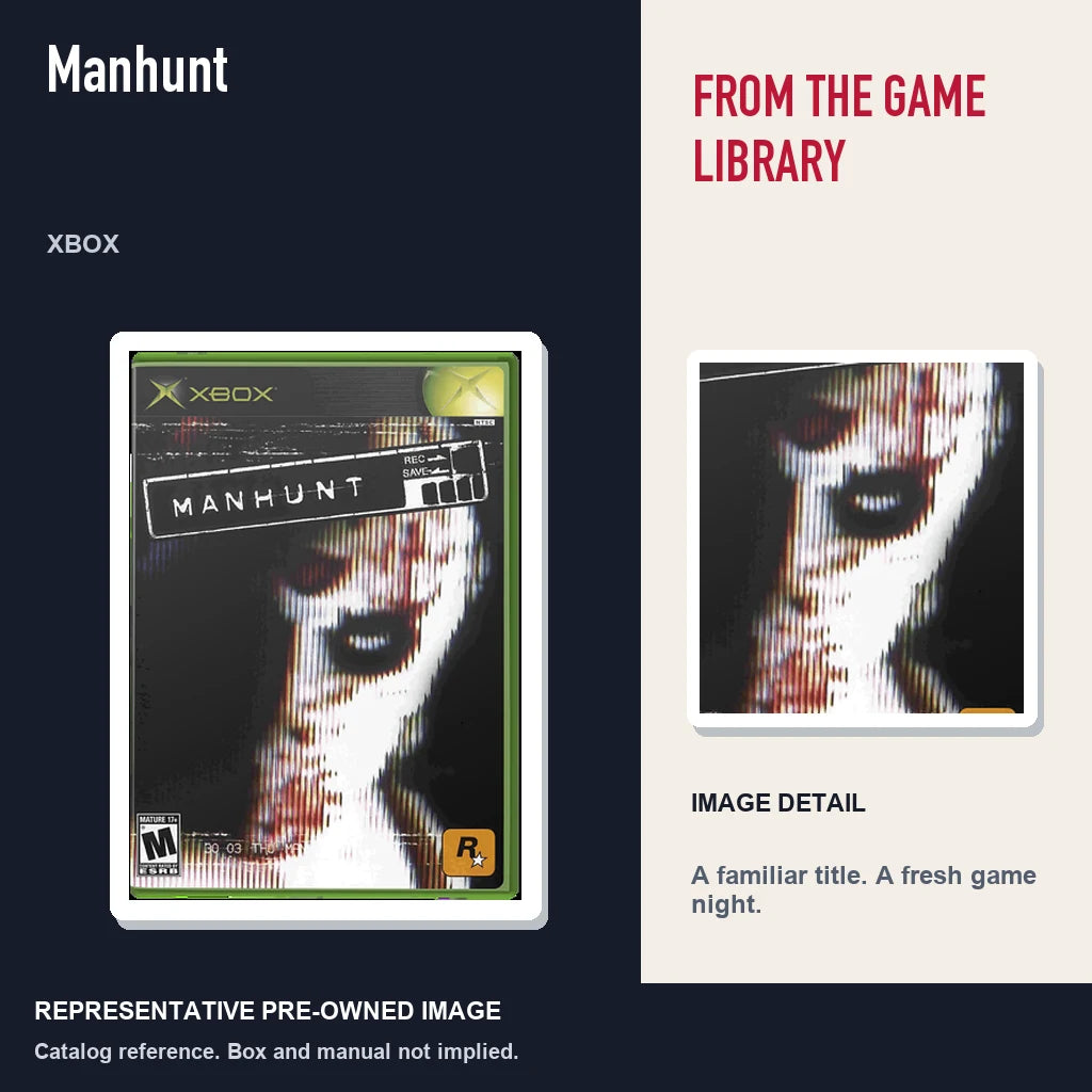 Representative pre-owned Manhunt (Xbox), editorial image and detail.