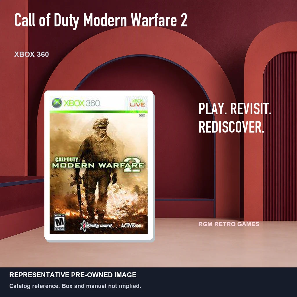Representative pre-owned Call of Duty Modern Warfare 2 (Xbox 360), red retro product layout.